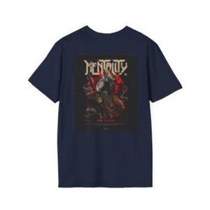 "Dark Fantasy Warrior Graphic Tee with Epic Medieval Design on Blue Shirt"